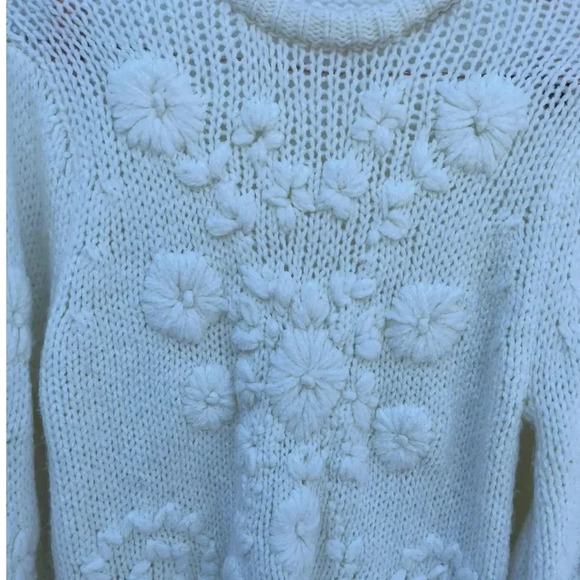 Zara Womens Embroidered Applique Floral Balloon Sleeve Sweater White Sz Medium - Picture 8 of 10
